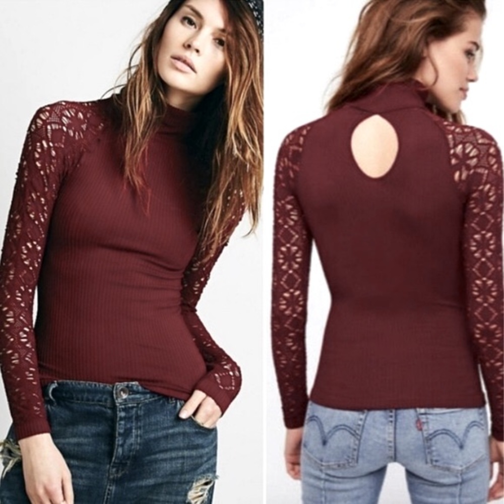 Free people rib and lace turtleneck top in color plum